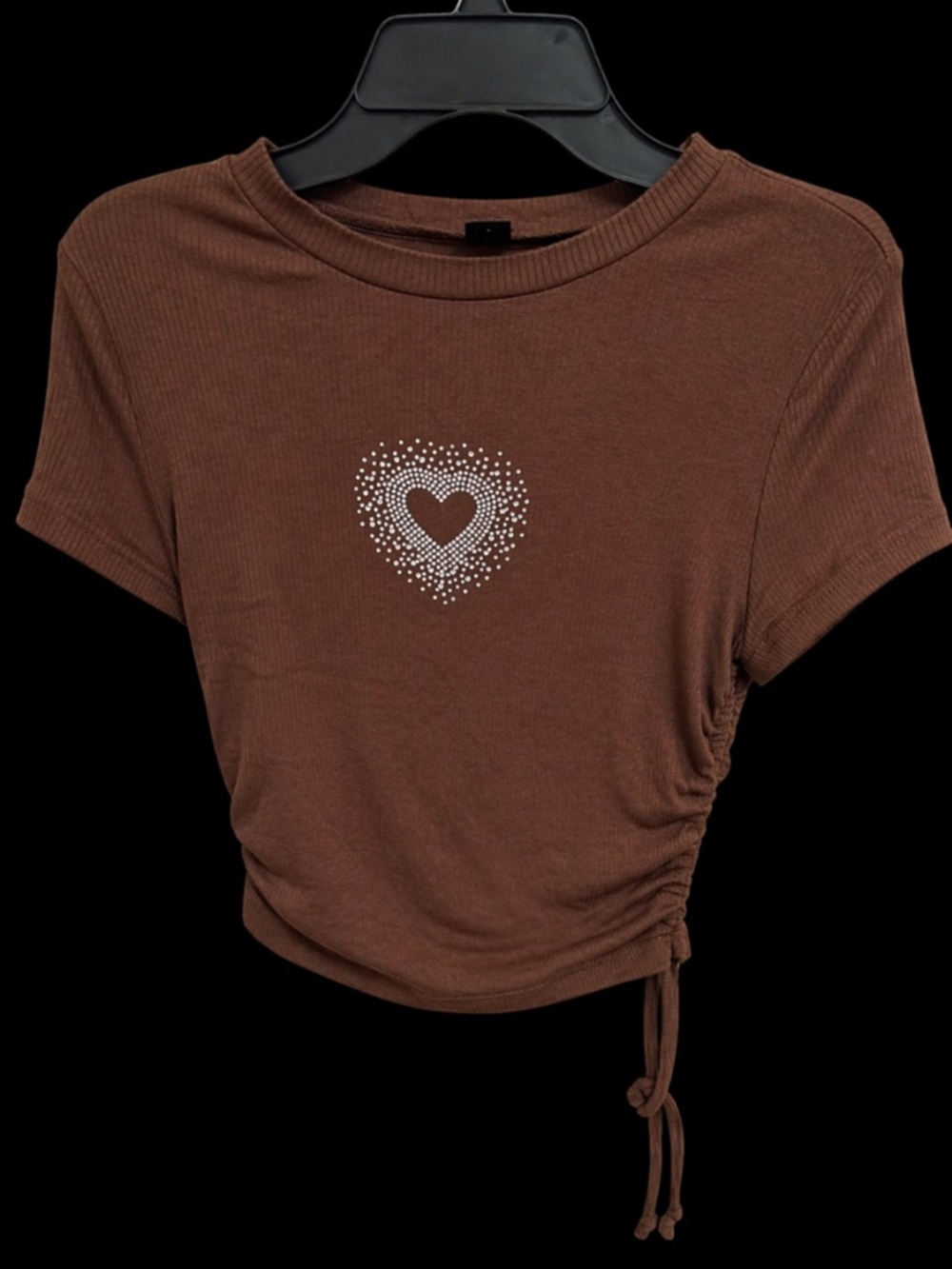 SHEIN Brown Ruched Heart Crop Top with Rhinestone Detail